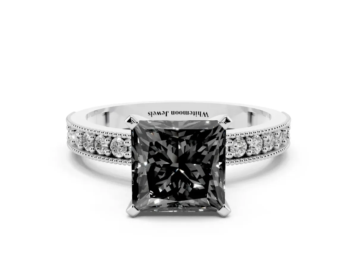 Fancy Black Princess Cut Diamond Milgrain Pavé Engagement Ring with Four-Prong Setting Silver