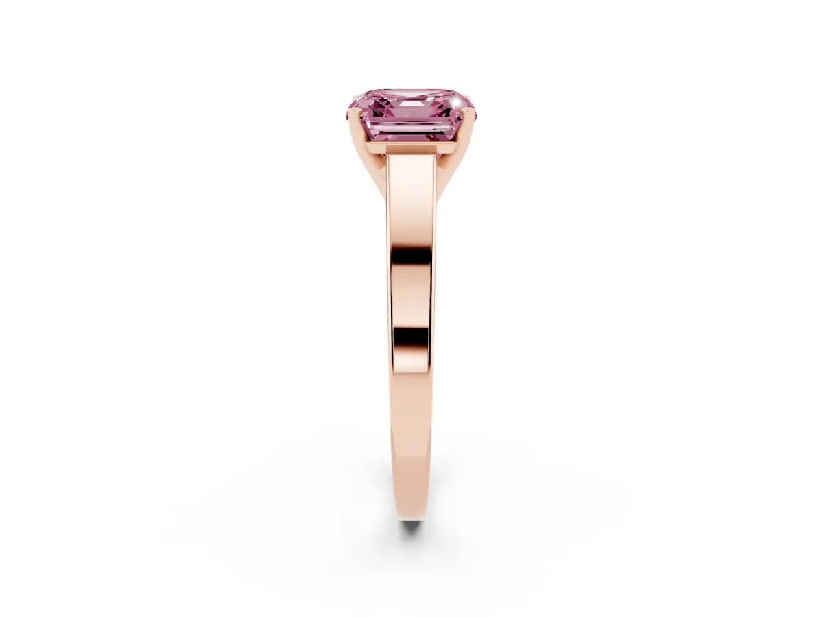 Fancy Pink Asscher Cut Solitaire Engagement Ring with Four-Prong Setting and Tapered Band Rose gold
