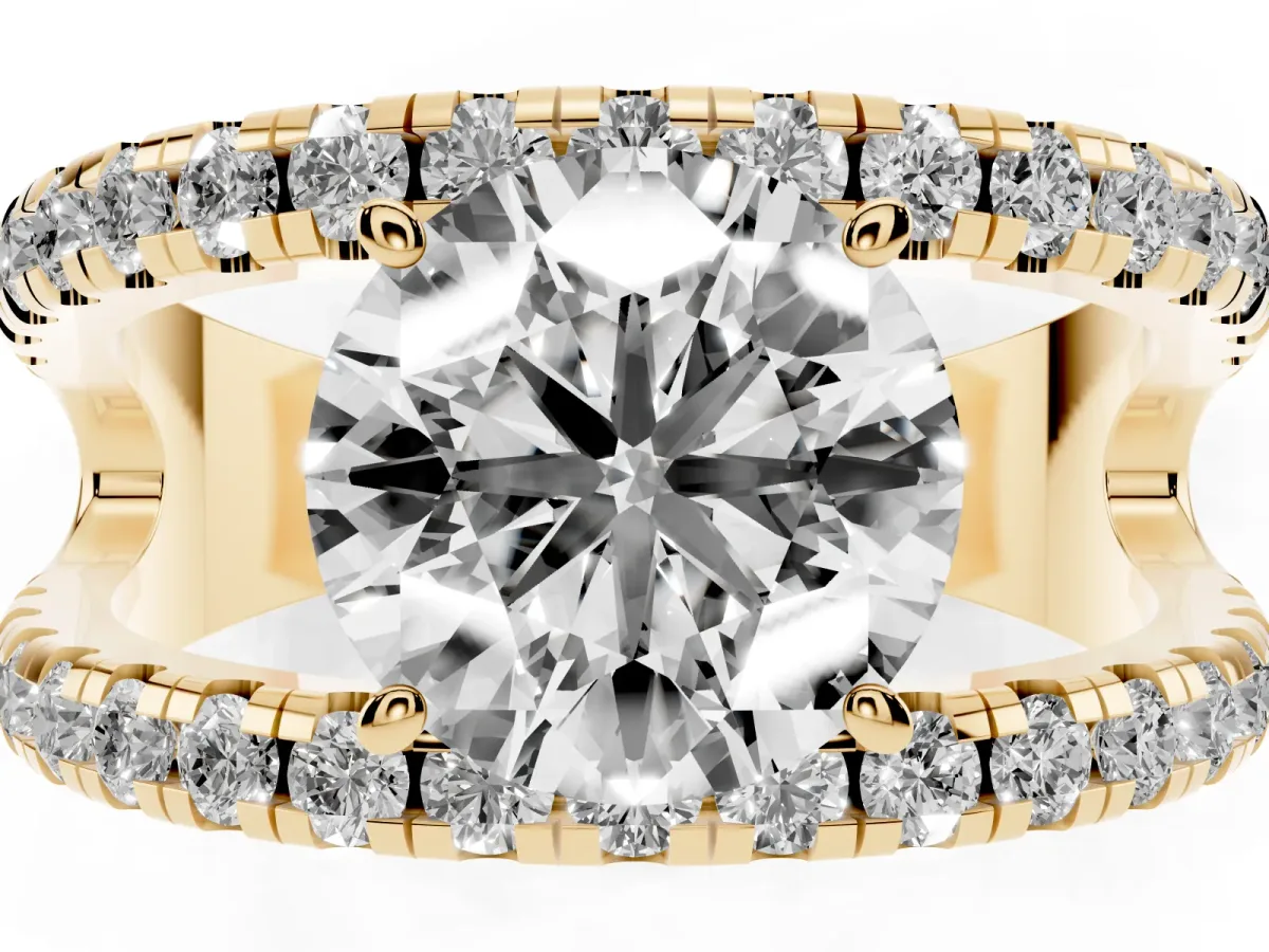 Round Cut Solitaire Split Shank Pave Diamond Ring Yellow gold