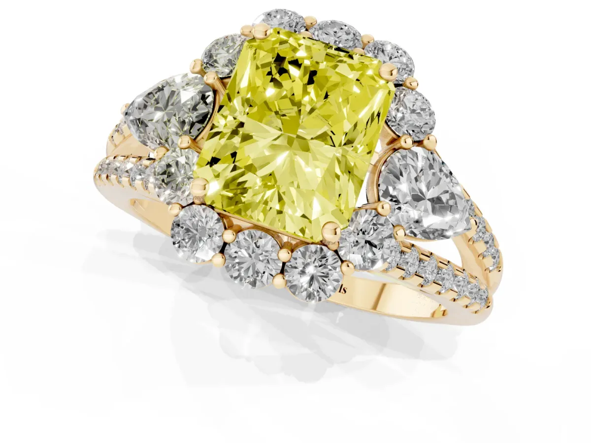 Fancy Yellow Radiant Cut Halo Split Shank Diamond Engagement Ring with Prong Setting Yellow gold
