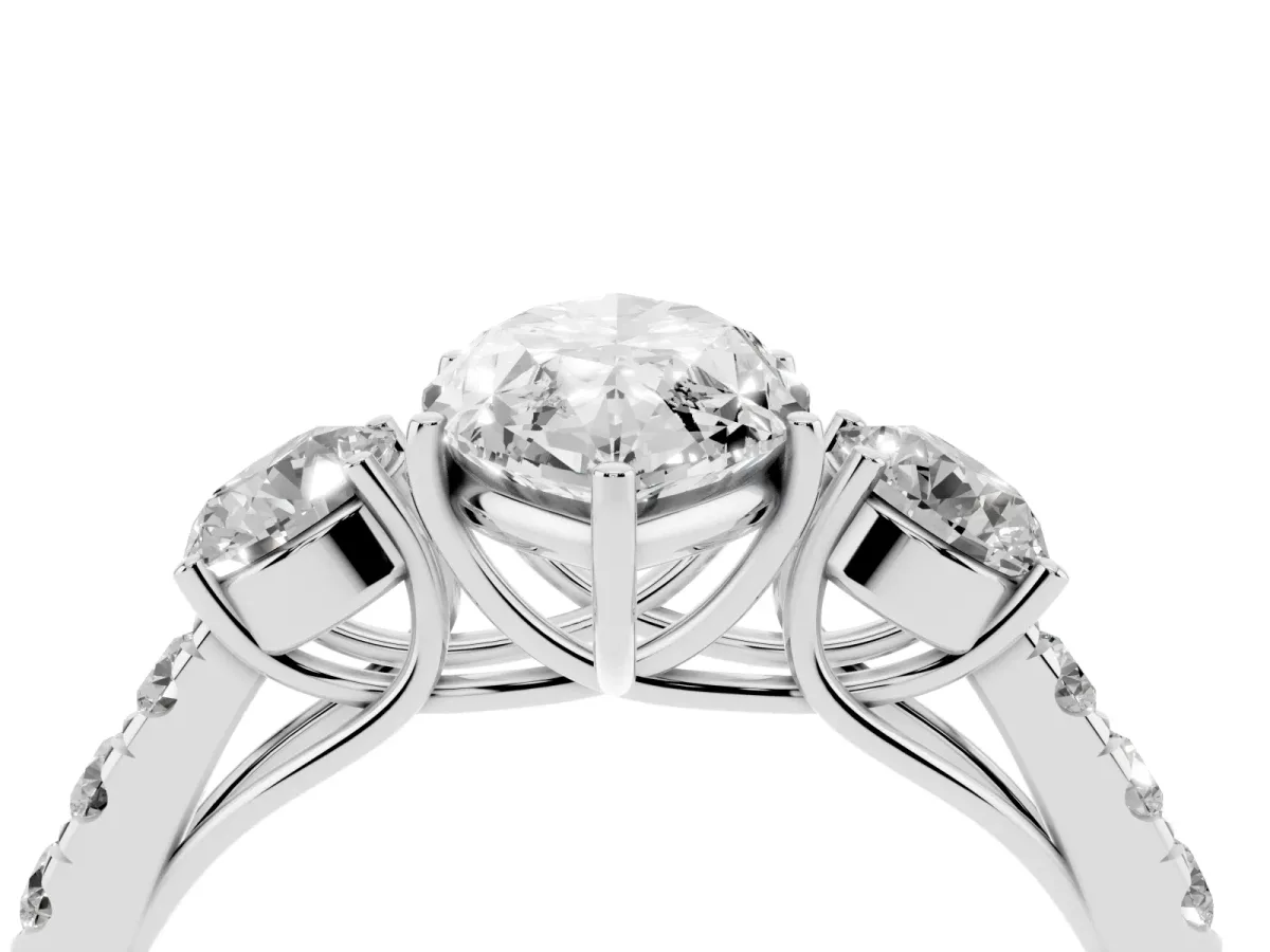 Marquise Cut Cut Diamond Three-Stone Ring with Round Side Stones and Pavé Band Silver