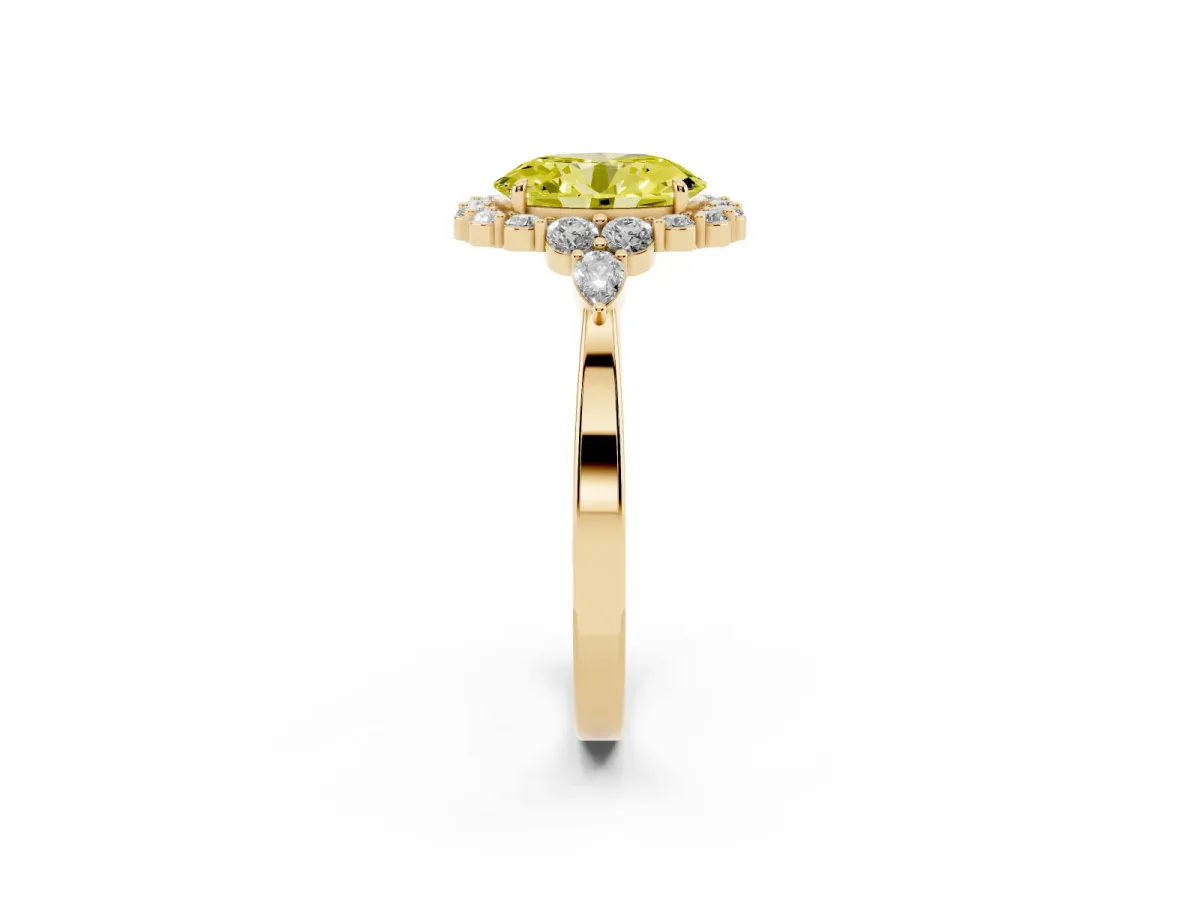 Fancy Yellow Oval Cut Diamond Halo Ring with Pear Side Stones and Prong Setting Yellow gold