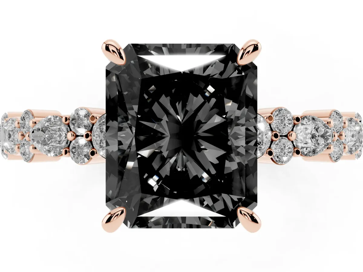 Fancy Black Radiant Cut Diamond Side Stone Solitaire Ring with Round and Four-Prong Setting Rose gold