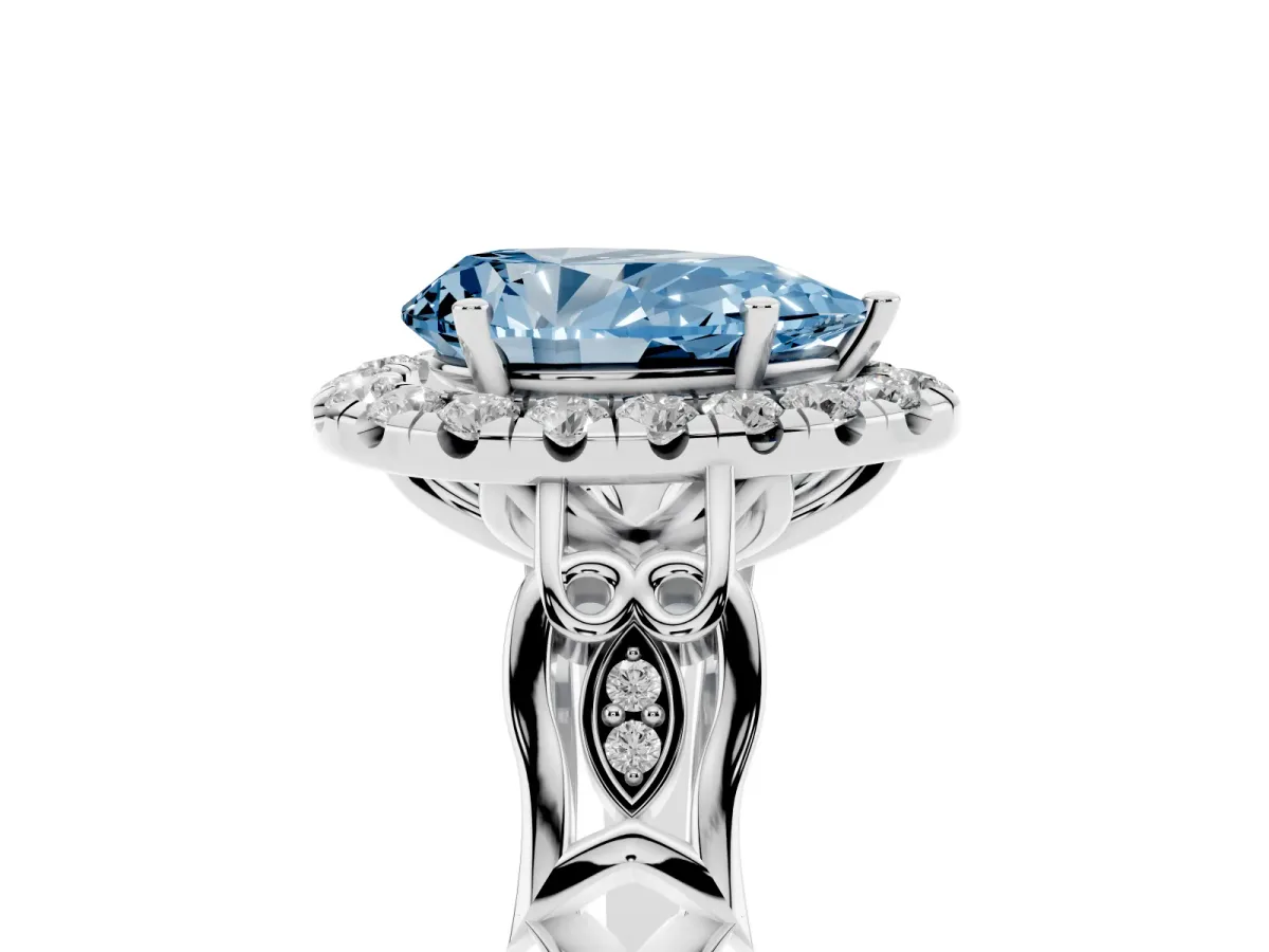 Fancy Blue Pear Cut Halo Diamond Engagement Ring with Filigree Band and Four-Prong Setting Platinum