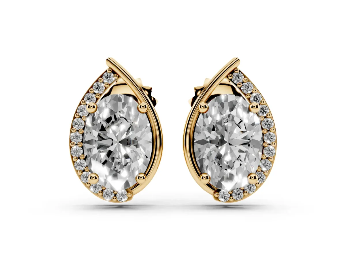 Oval Diamond Teardrop Framed Stud Earrings Yellow gold
