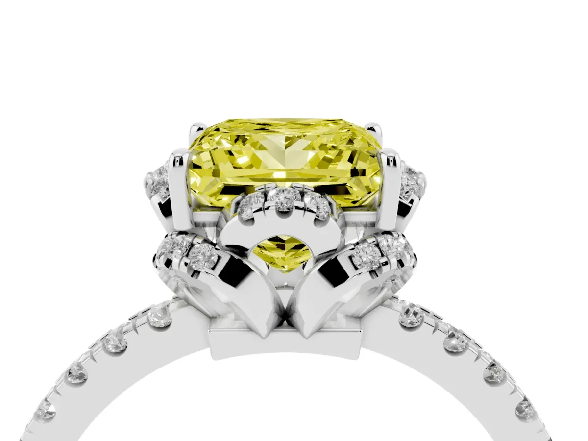 Fancy Yellow Princess Cut Halo Diamond Pave Band Ring with Four-Prong Setting Platinum