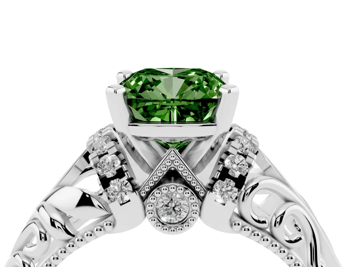 Fancy Green Cushion Cut Solitaire Filigree Engagement Ring with Halo and Prong Setting Silver