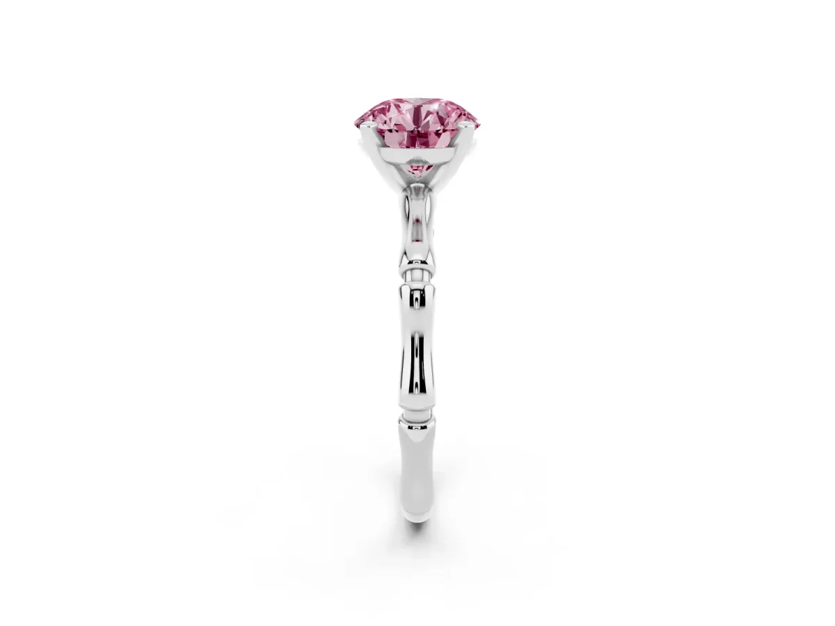 Fancy Pink Round Cut Solitaire Diamond Ring with Bamboo Band and Four-Prong Setting Silver