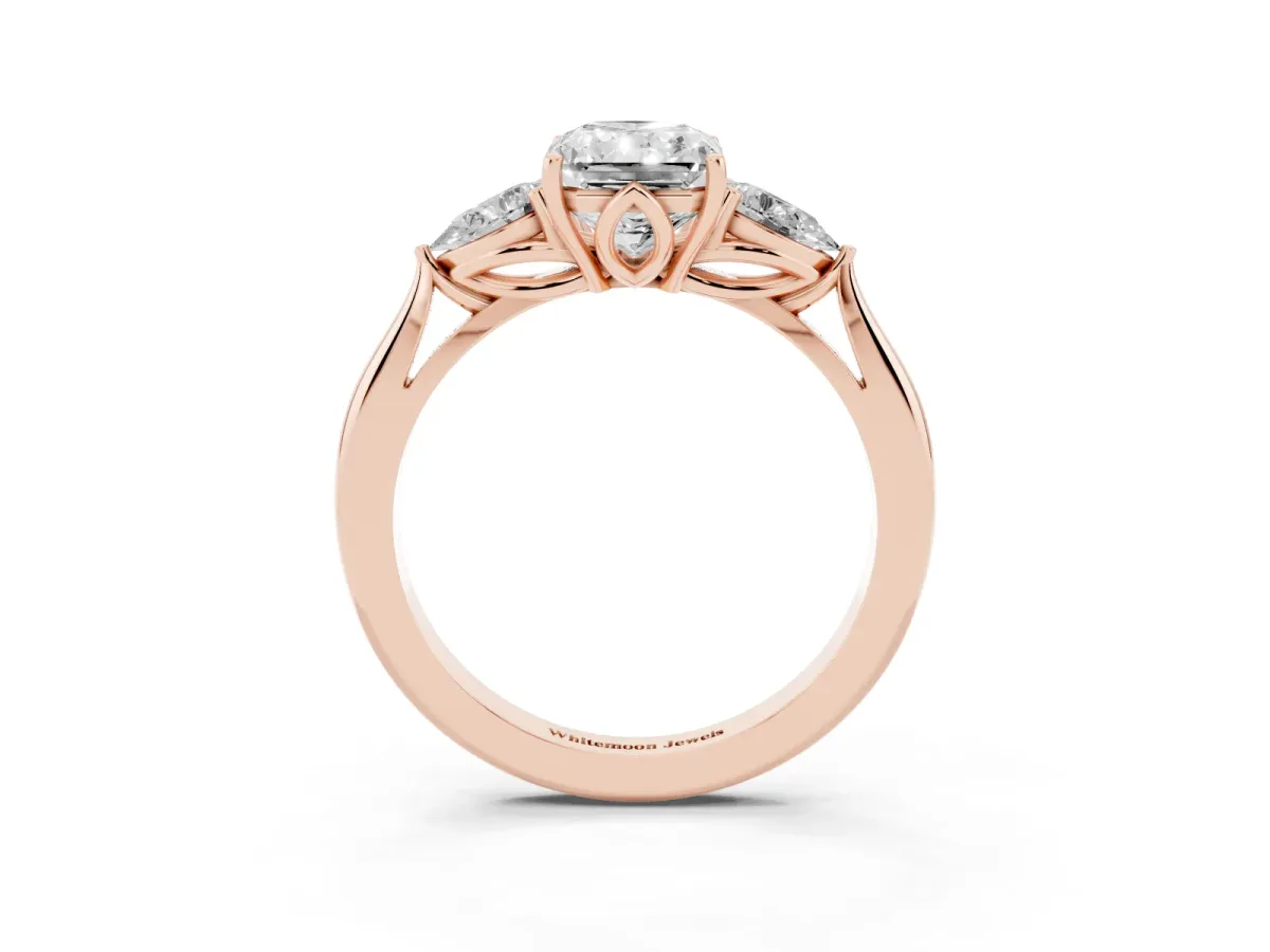 Three-Stone Radiant Cut Brilliant Diamond Solitaire Ring with Tapered Band and Four-Prong Setting Rose gold