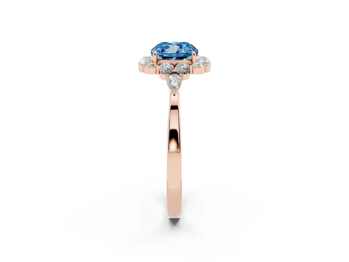 Fancy Blue Cushion Cut Diamond Halo Ring with Pear Side Stones and Prong Setting Rose gold