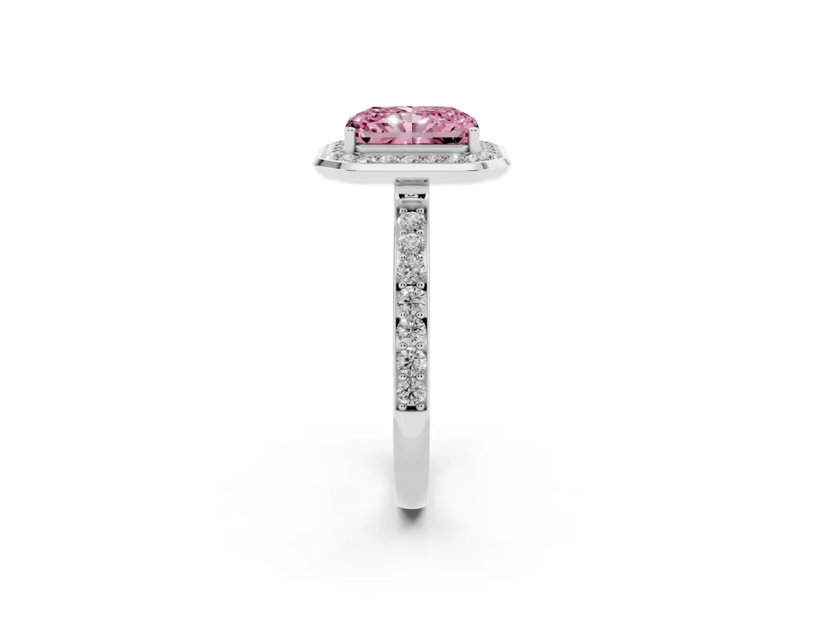 Fancy Pink Radiant Cut Diamond Halo Ring with Bezel Frame and Pavé Band Silver