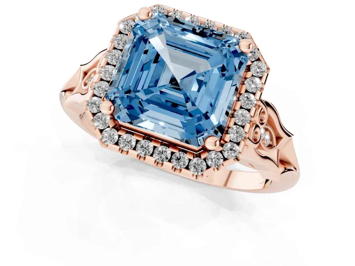 Fancy Blue Asscher Cut Halo Diamond Engagement Ring with Filigree Band and Four-Prong Setting Rose gold