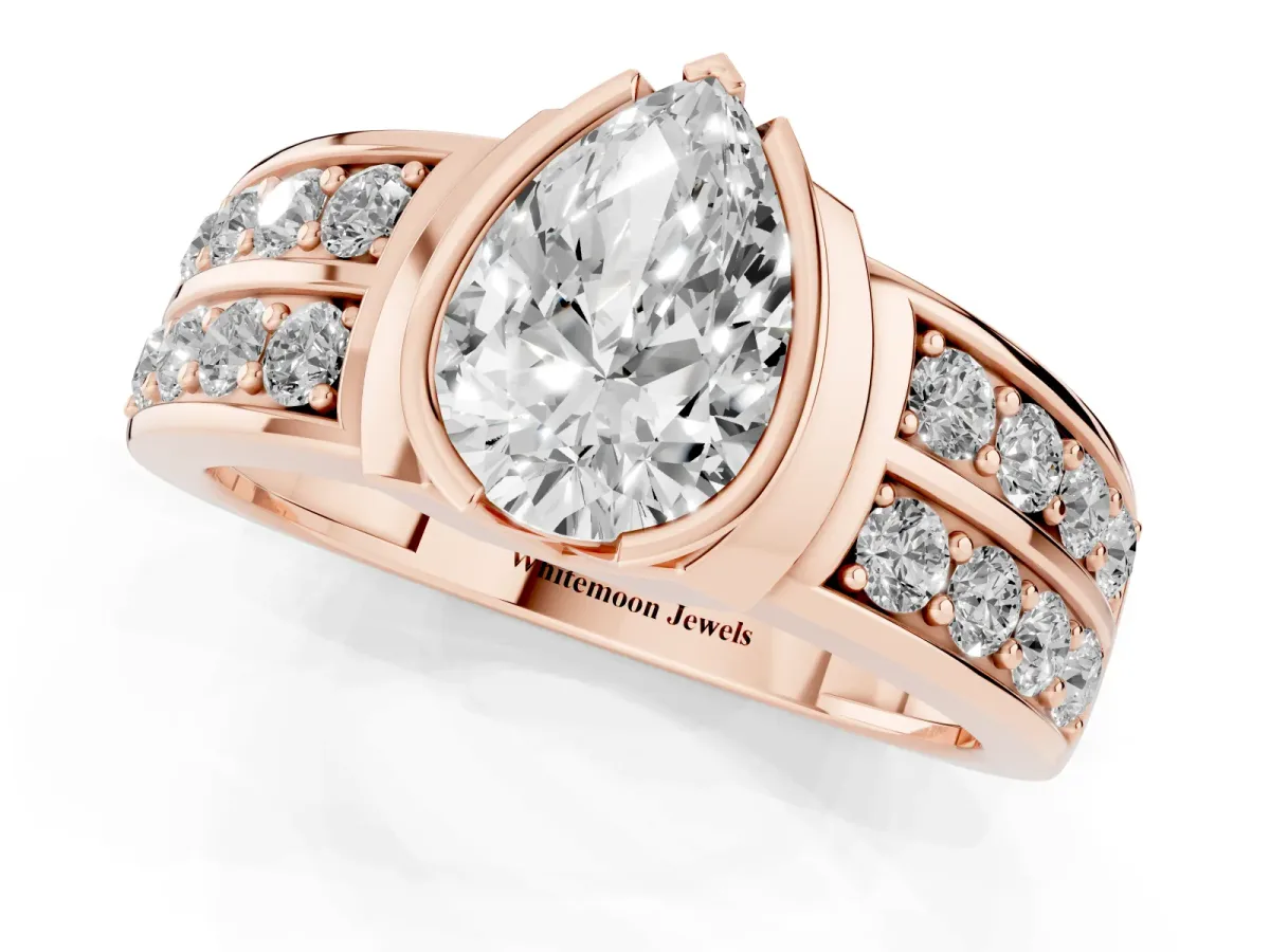 Pear Cut Brilliant Diamond Channel Set Wide Band Ring with Bezel Setting Rose gold