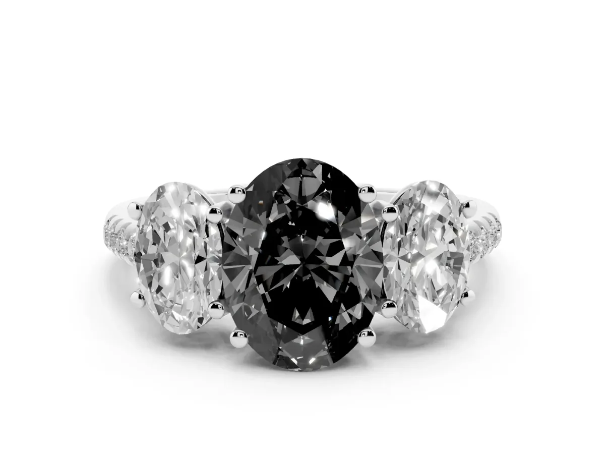 Fancy Black Three-Stone Oval Cut Diamond Ring with Round Pavé Band and Prong Setting Silver