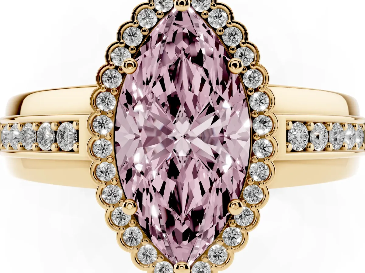 Fancy Pink Marquise Cut Cut Halo Pave Band Four-Prong Ring Yellow gold