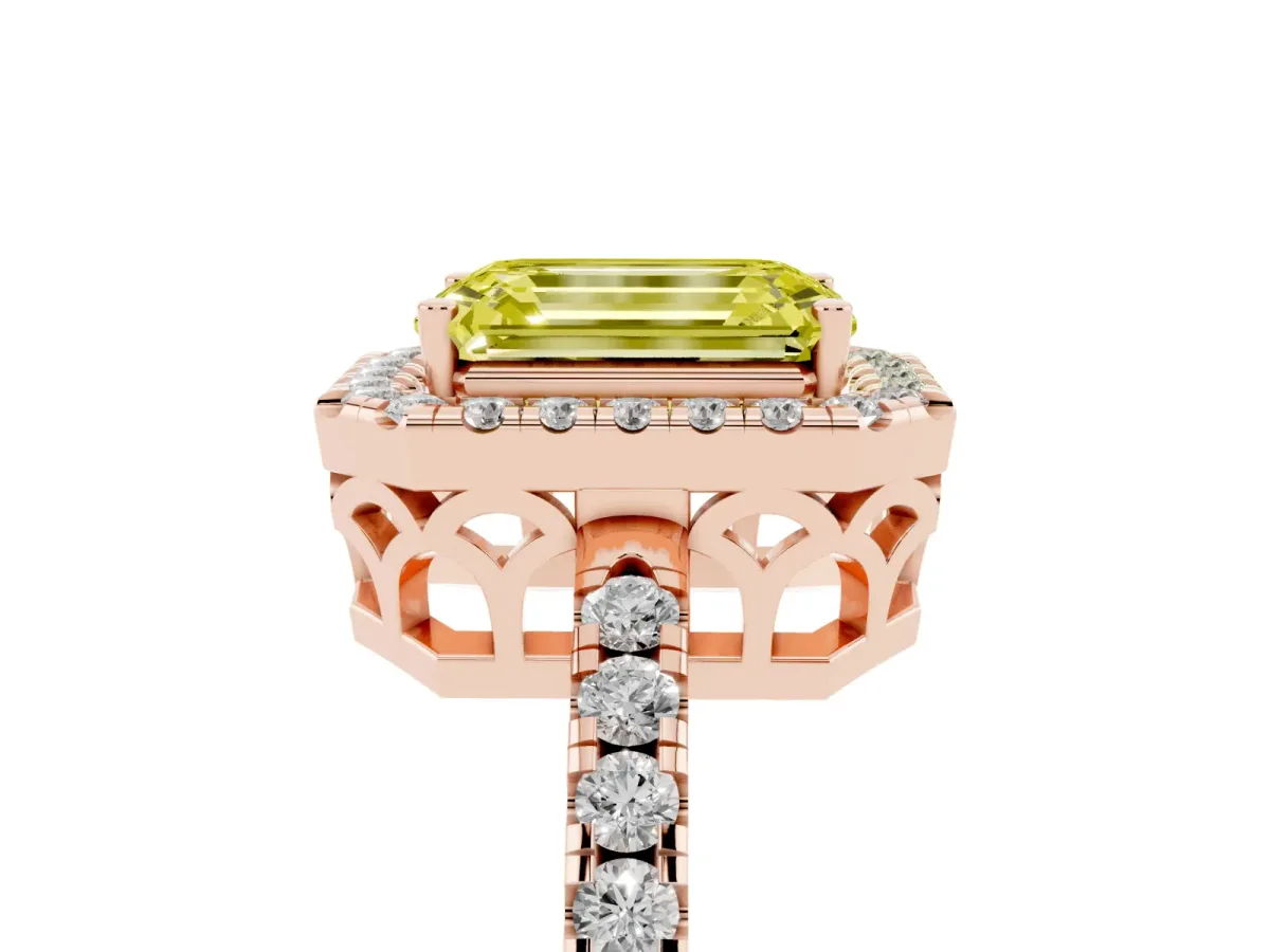 Fancy Yellow Emerald Cut Halo Diamond Engagement Ring with Pavé Band and Four-Prong Setting Rose gold