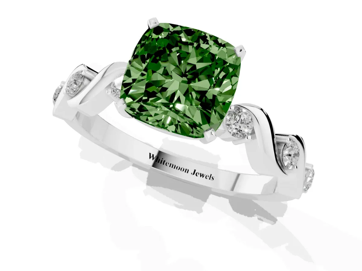 Fancy Green Cushion Cut Diamond Solitaire Twisted Band with Round Accents and Prong Setting Platinum
