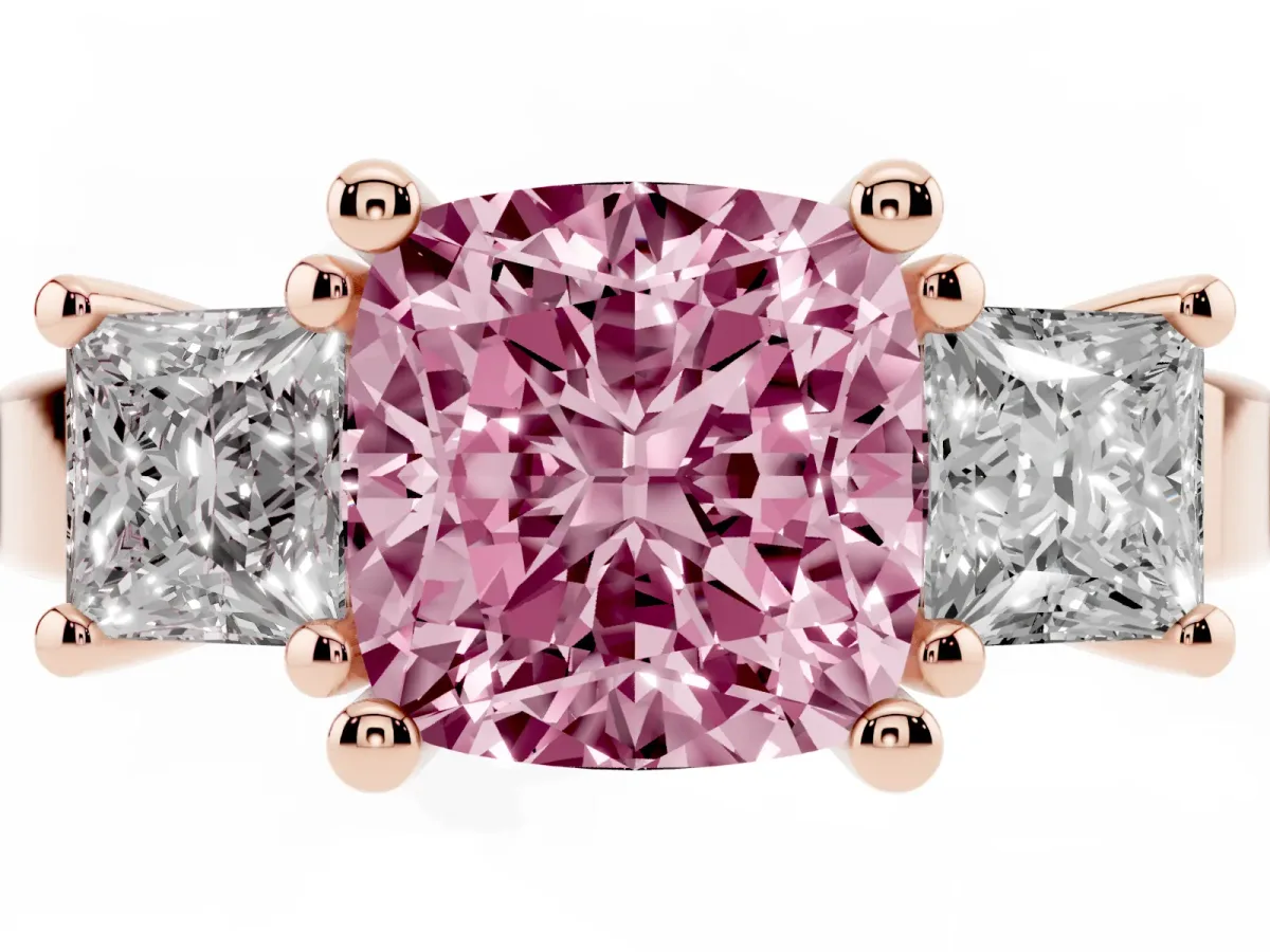 Fancy Pink Three-Stone Cushion Cut Cut Solitaire Ring with Prong Setting Rose gold