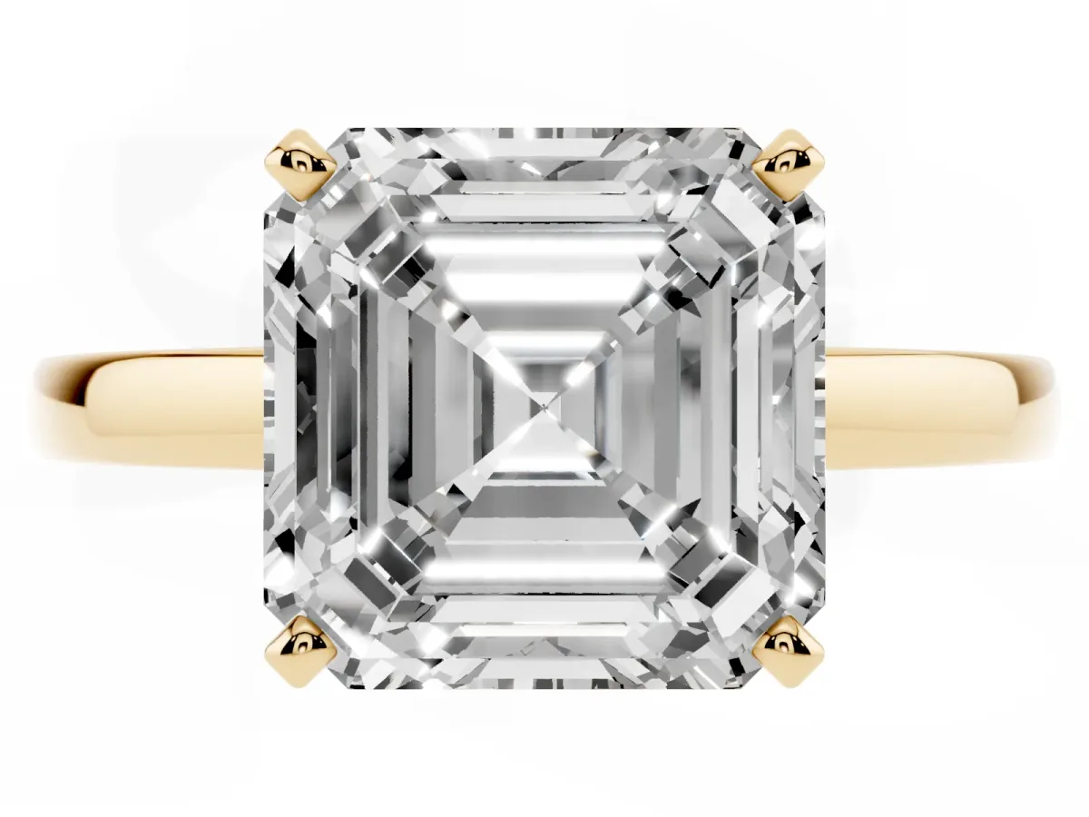 Asscher Cut Solitaire Diamond Engagement Ring with Four-Prong Setting on a Classic Band Yellow gold