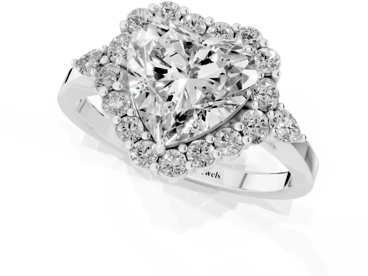 Heart Cut Diamond Halo Ring with Pear Side Stones and Prong Setting Silver