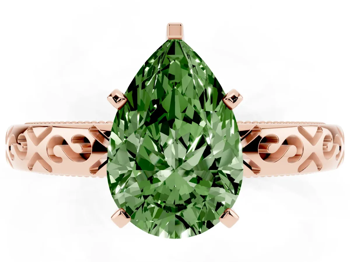 Fancy Green Pear Cut Solitaire Engagement Ring with Scrollwork Band and Four-Prong Setting Rose gold