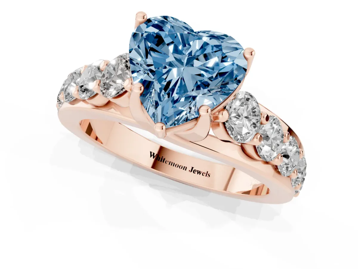 Fancy Blue Heart Cut Diamond Engagement Ring with Pavé Band and Four-Prong Setting Rose gold