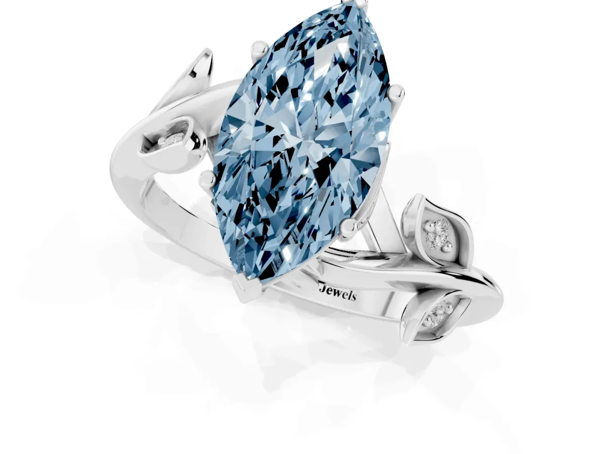 Fancy Blue Marquise Cut Solitaire Twist Engagement Ring with Leaf Accents and Prong Setting Platinum