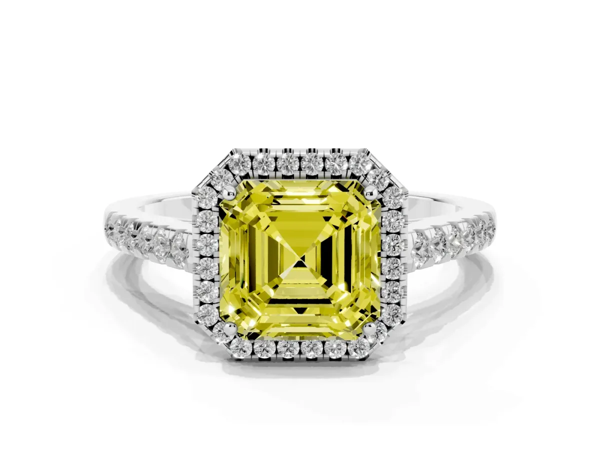 Fancy Yellow Asscher Cut Halo Pave Diamond Engagement Ring with Four-Prong Setting Silver