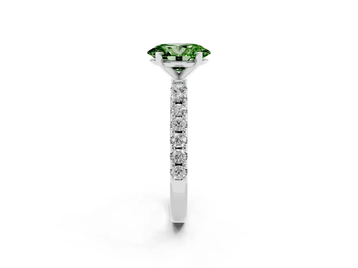 Fancy Green Oval Cut Diamond Solitaire Pavé Band with Four-Prong Setting Silver
