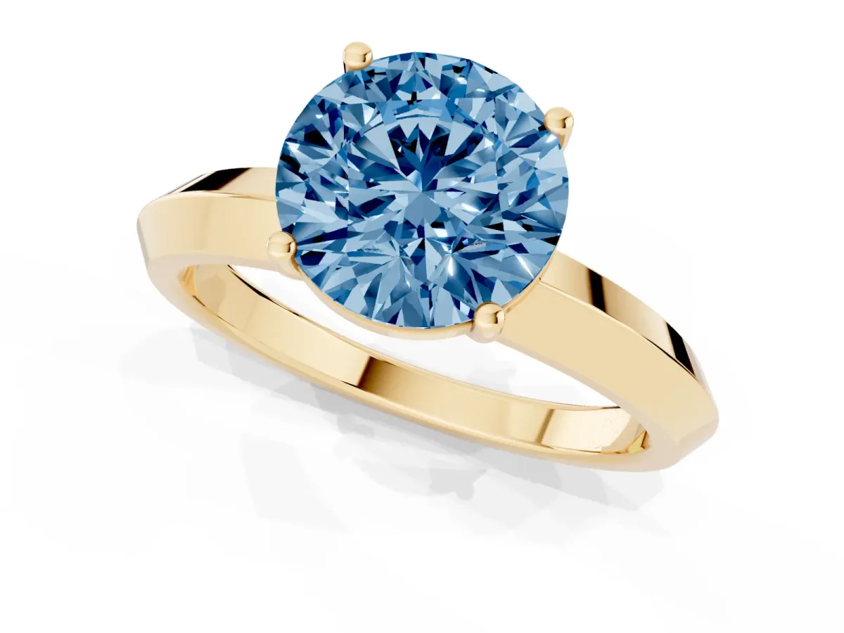 Fancy Blue Round Cut Cut Solitaire Engagement Ring with Flat Band and Four-Prong Setting Yellow gold