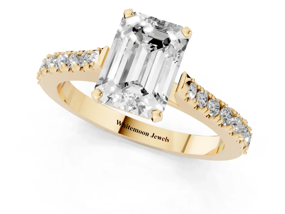 Emerald Cut Cut Solitaire Diamond Engagement Ring with Pave Band and Four-Prong Setting Yellow gold