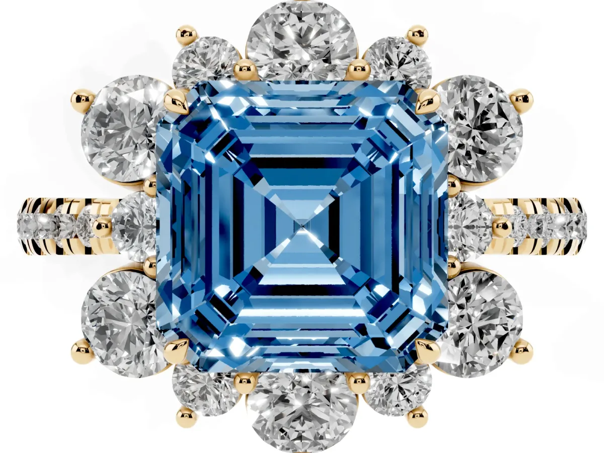 Fancy Blue Asscher Cut Diamond Floral Halo Ring with Round Pavé Band and Prong Setting Yellow gold
