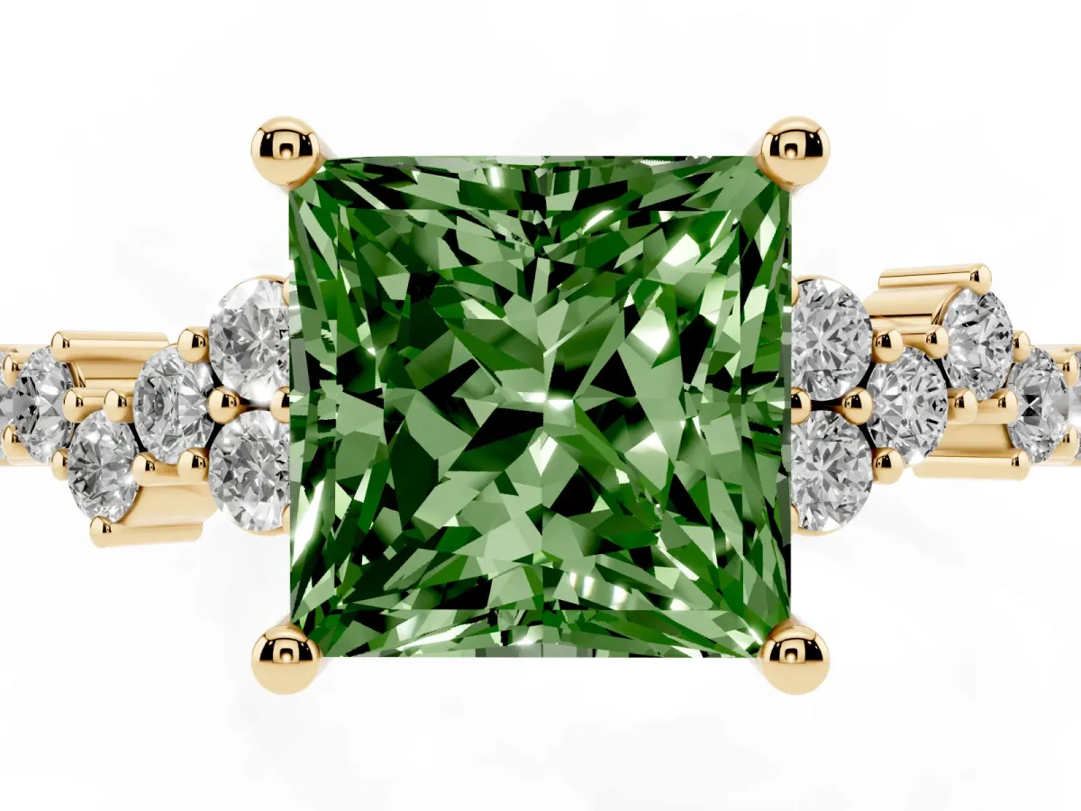 Fancy Green Princess Cut Diamond Scattered Round Accent Ring with Prong Setting Yellow gold