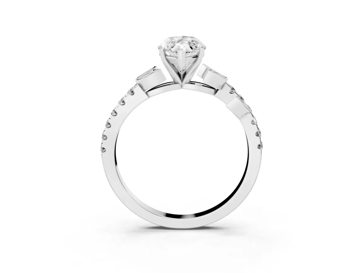 Marquise Cut Solitaire Leaf-Inspired Diamond Ring with Pavé Band and Four-Prong Setting Silver