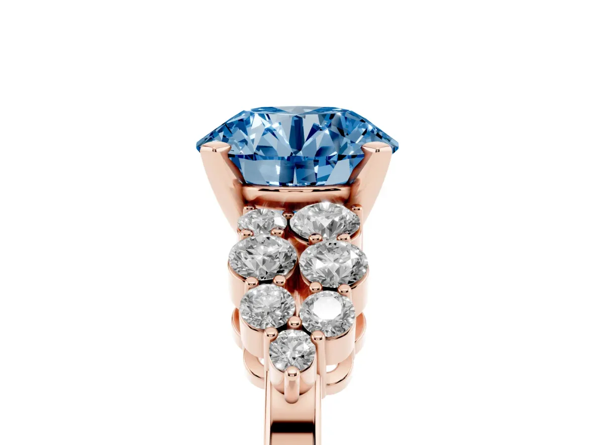Fancy Blue Round Cut Cluster Diamond Engagement Ring with Pavé Band and Four-Prong Setting Rose gold