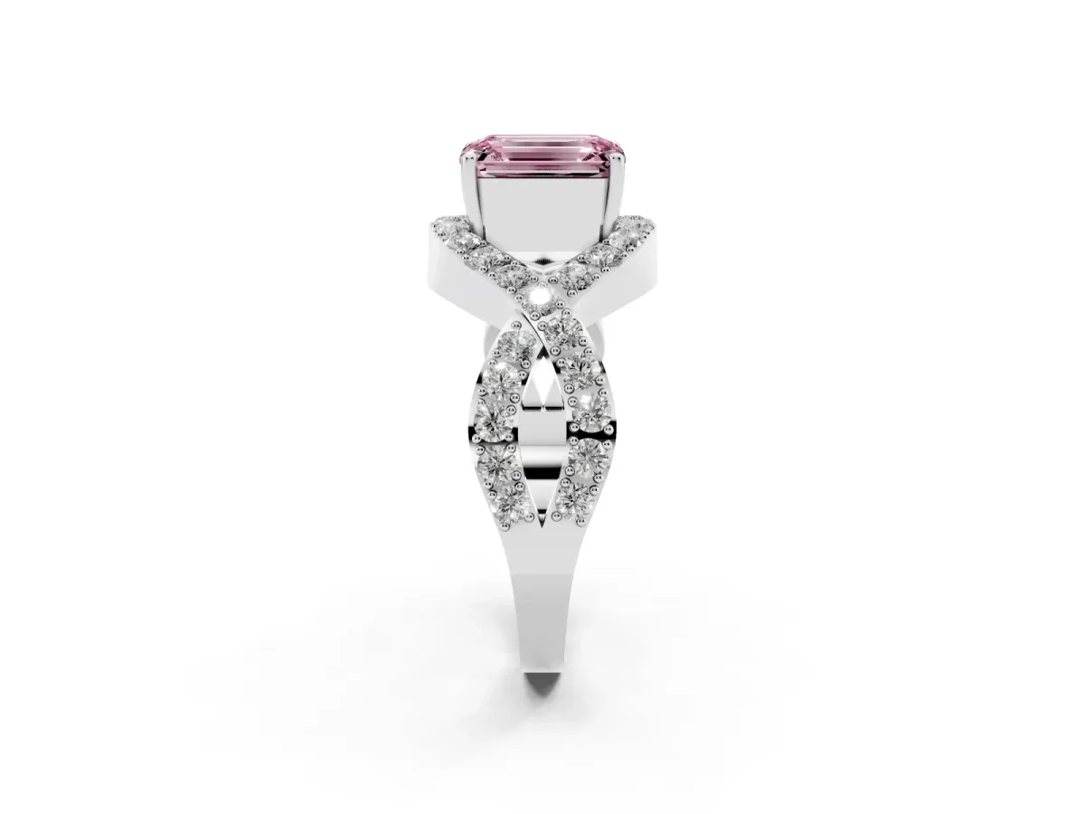 Fancy Pink Emerald Cut Solitaire Twist Band Pavé Diamond Engagement Ring Silver