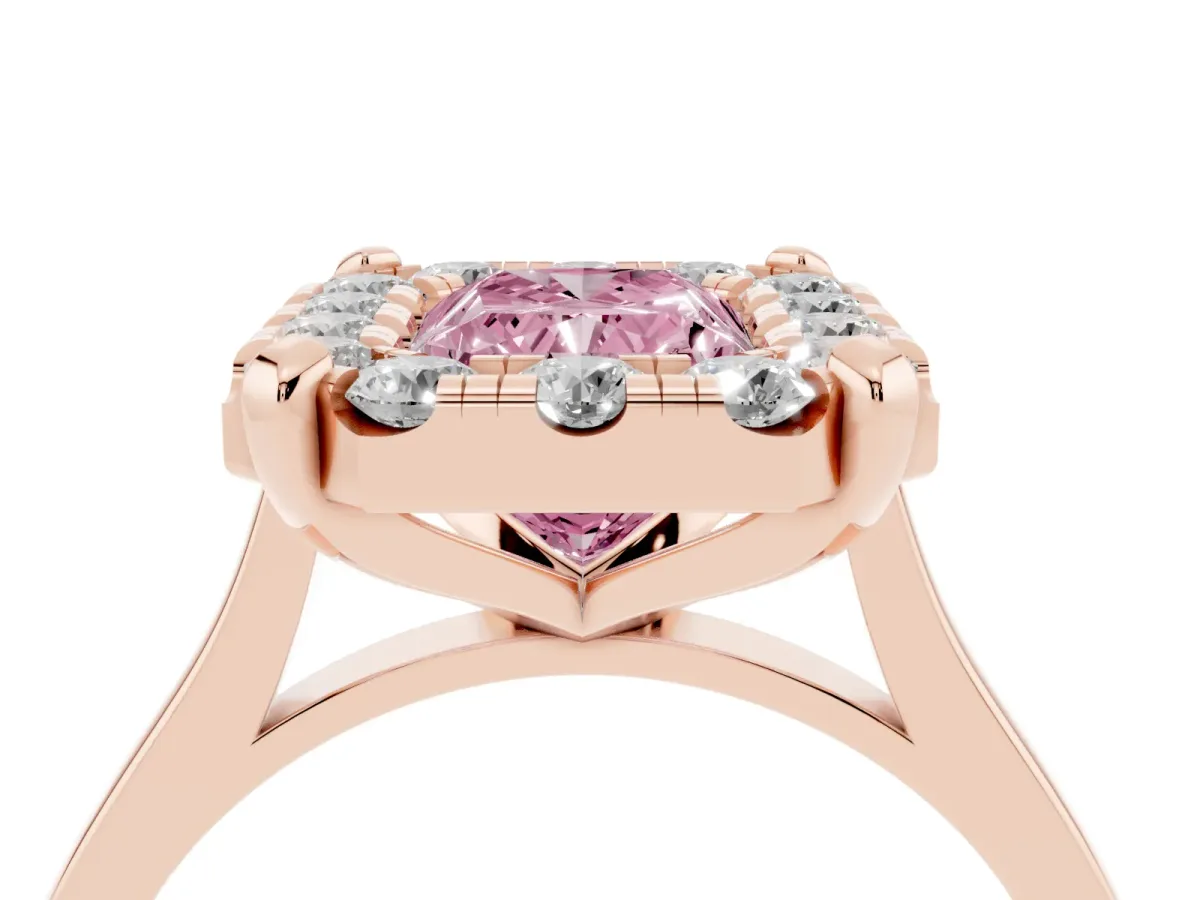 Fancy Pink Radiant Cut Diamond Cluster Halo Solitaire with Four-Prong Setting Rose gold