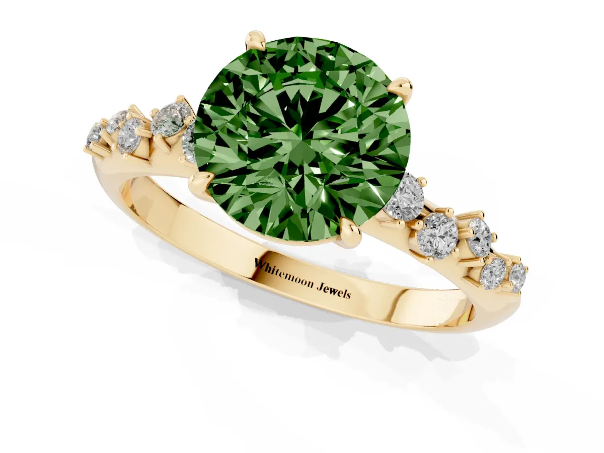 Fancy Green Round Cut Diamond Cluster Side Stone Solitaire Ring with Prong Setting Yellow gold