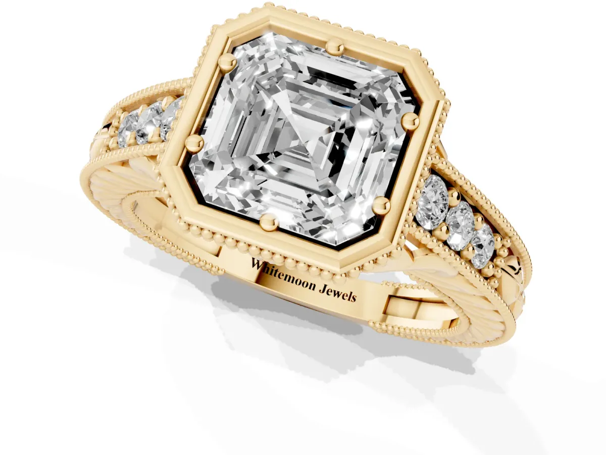 Bezel Set Asscher Cut Diamond Milgrain Pave Engagement Ring Yellow gold