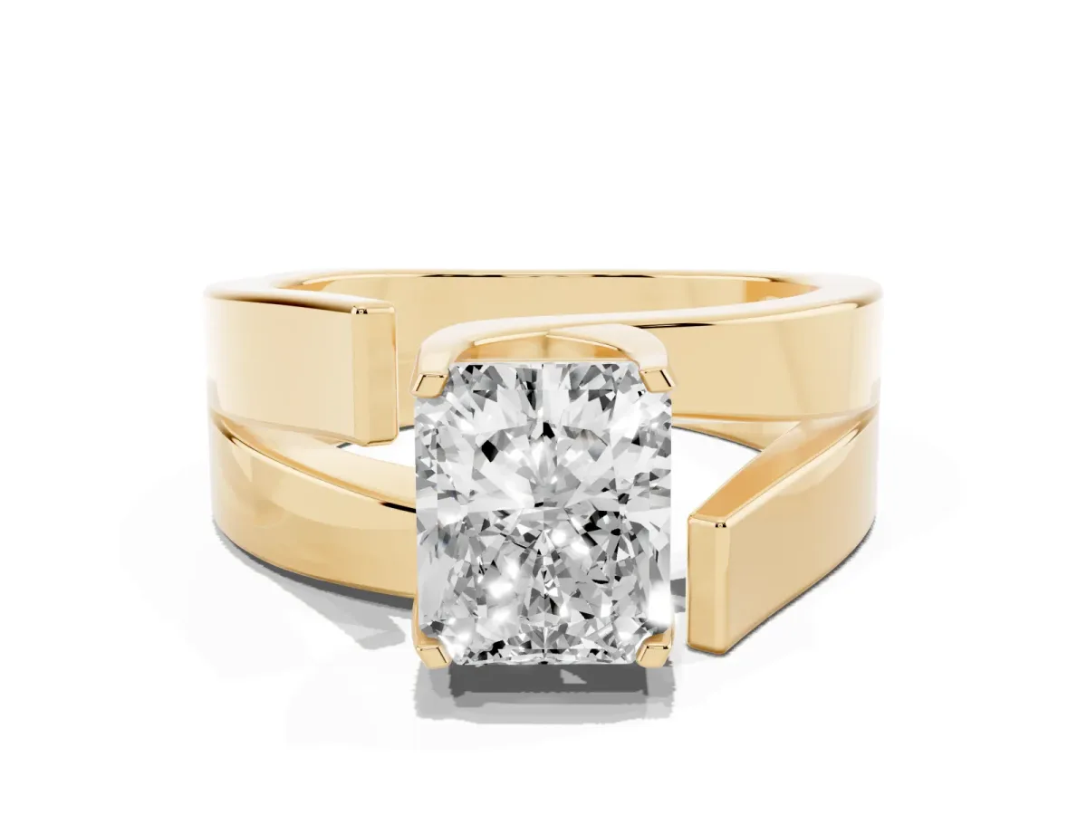 Modern Tension Set Radiant Cut Diamond Solitaire Wide Band Ring Yellow gold
