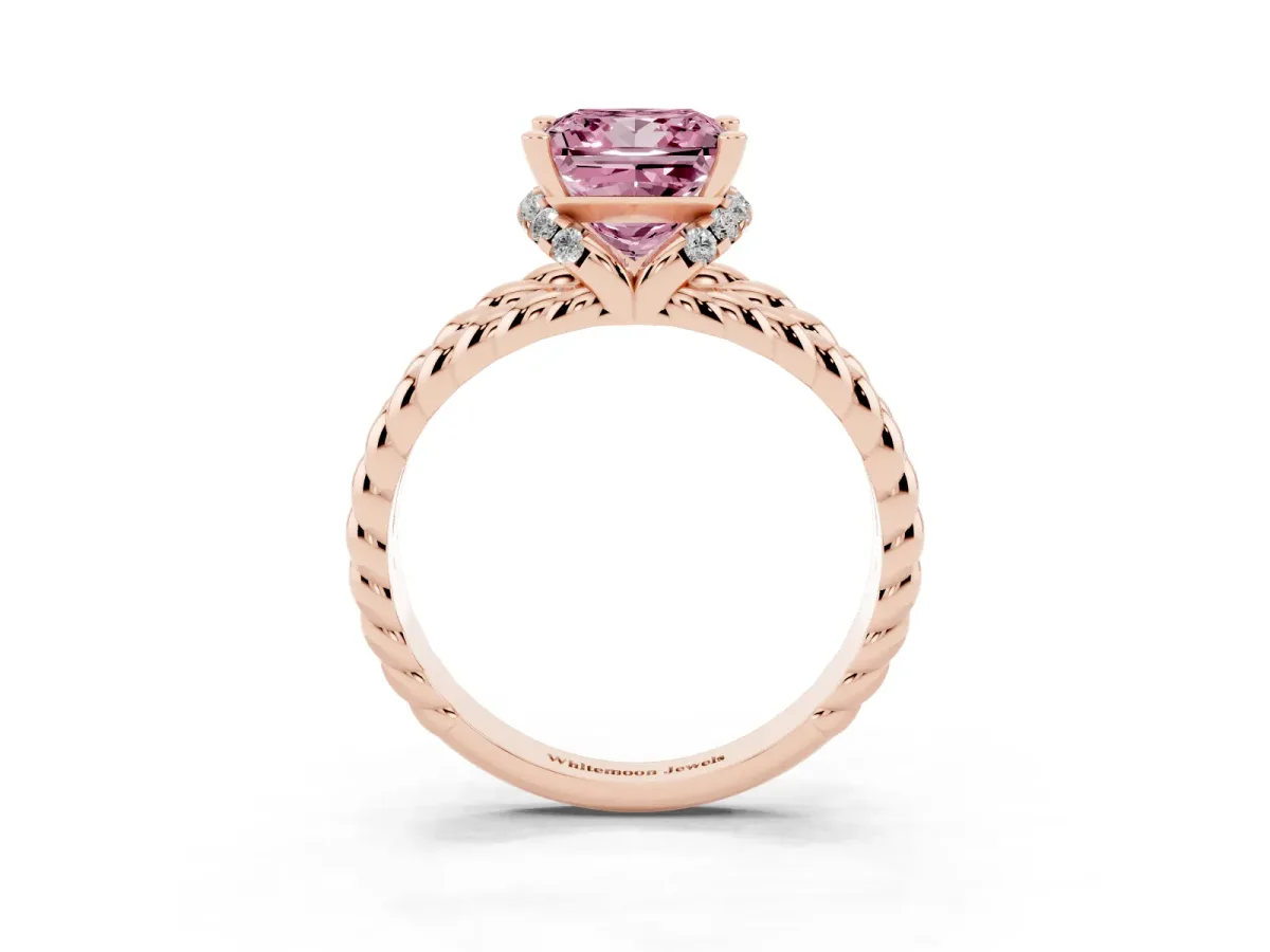 Fancy Pink Princess Cut Halo Twisted Band Four-Prong Ring Rose gold