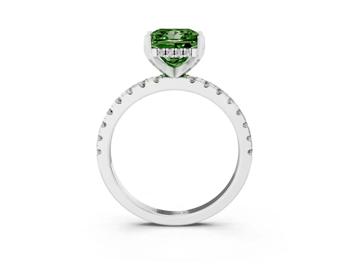 Fancy Green Princess Cut Diamond Solitaire Ring with Round Pavé Band and Four-Prong Setting Silver