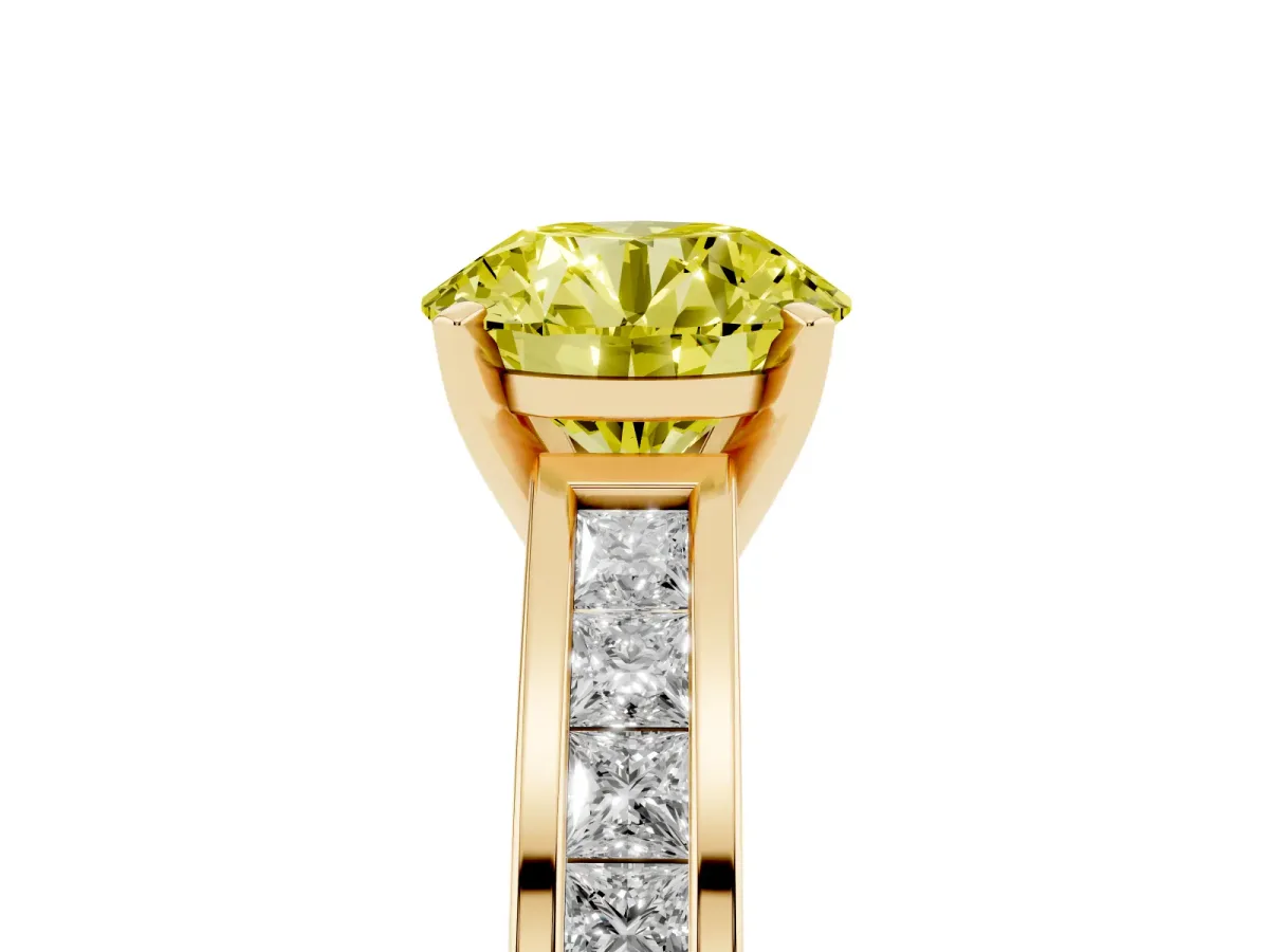 Fancy Yellow Round Cut Solitaire Diamond Ring with Channel-Set Band and Four-Prong Setting Yellow gold