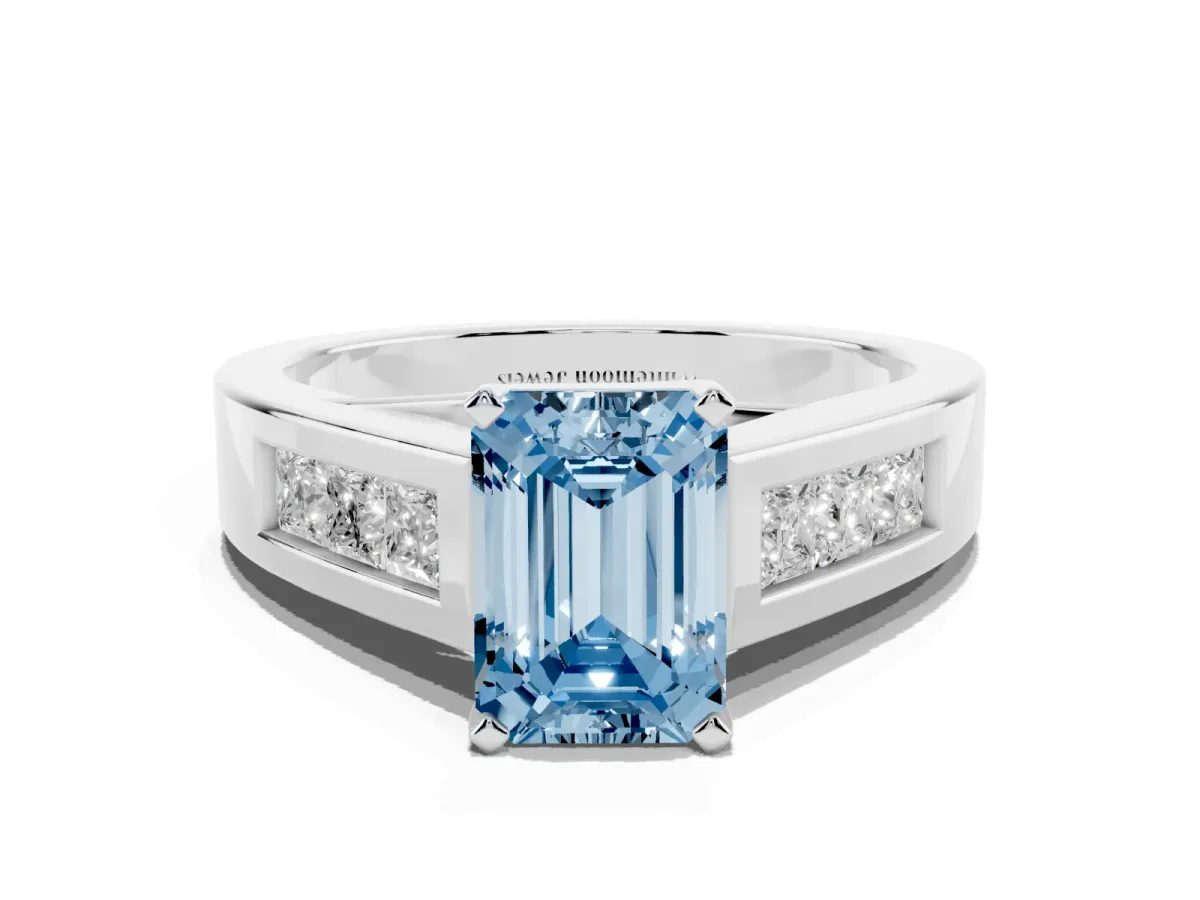 Fancy Blue Emerald Cut Cut Channel Set Solitaire Ring with Four-Prong Setting Platinum