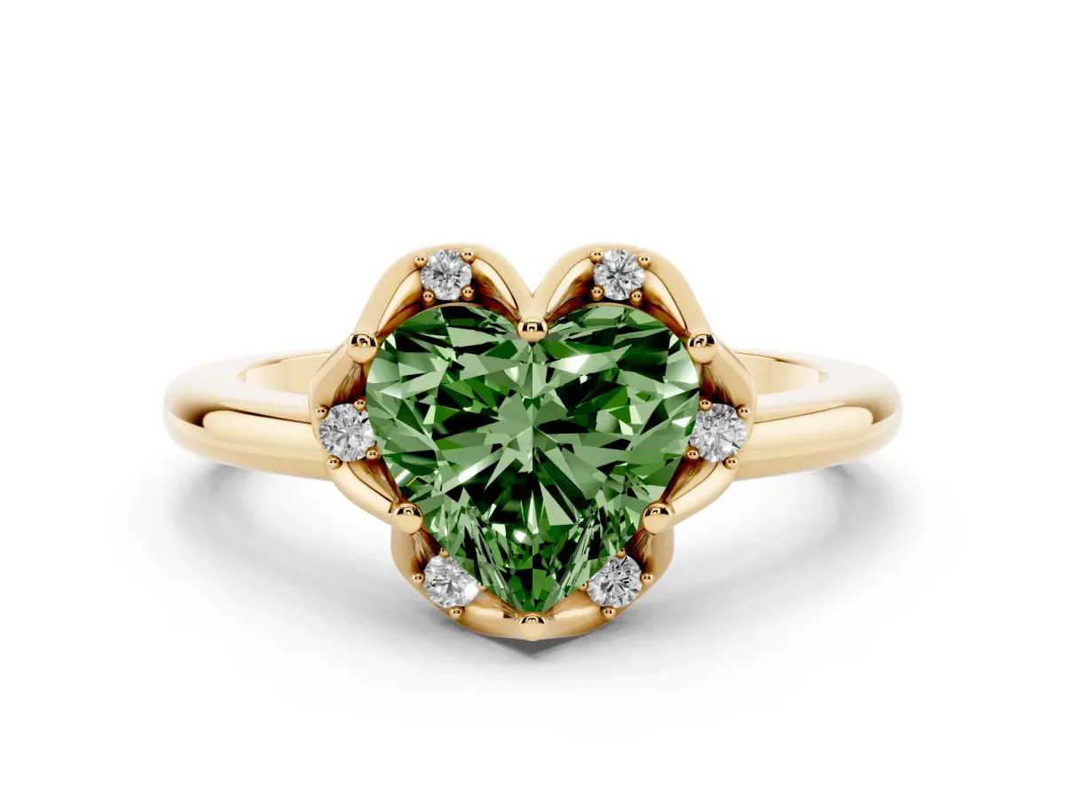 Fancy Green Heart Cut Halo Diamond Ring with Round Cluster Setting, Solitaire Band, and Four-Prong Setting Yellow gold