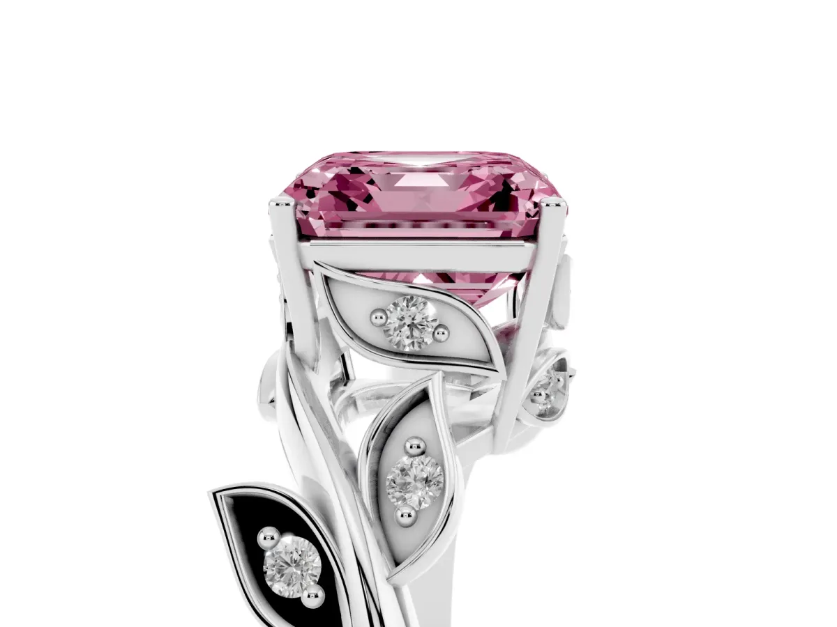 Fancy Pink Asscher Cut Solitaire Twist Engagement Ring with Leaf Accents and Prong Setting Silver