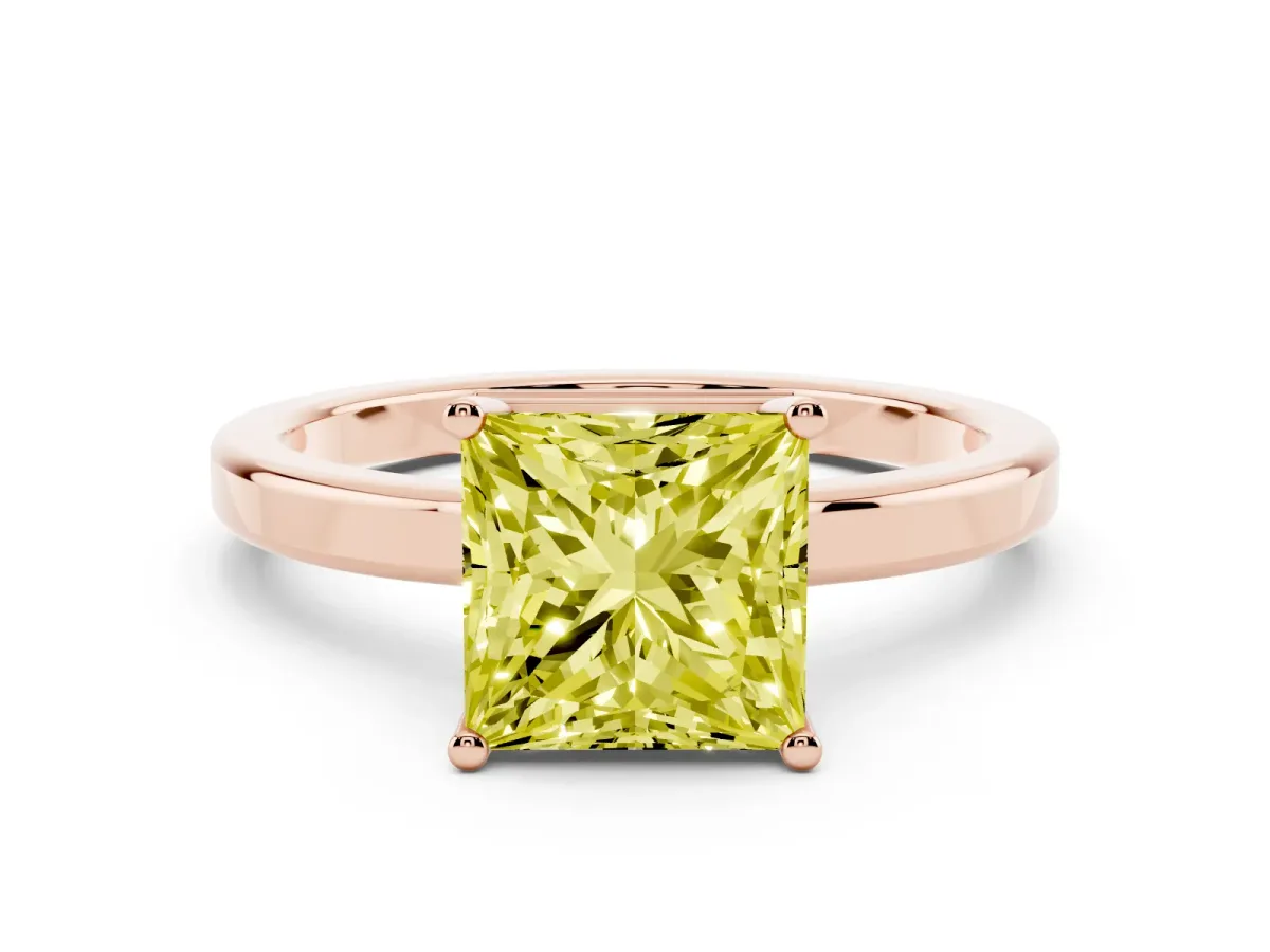 Fancy Yellow Princess Cut Cut Solitaire Engagement Ring with Four-Prong Setting on a Classic Band Rose gold
