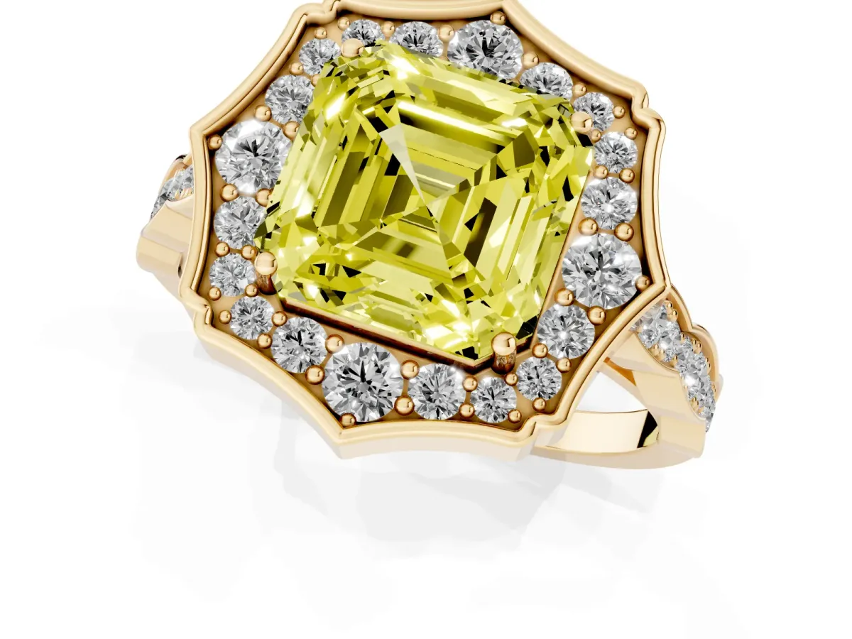Fancy Yellow Asscher Cut Halo Diamond Engagement Ring with Milgrain Band and Four-Prong Setting Yellow gold