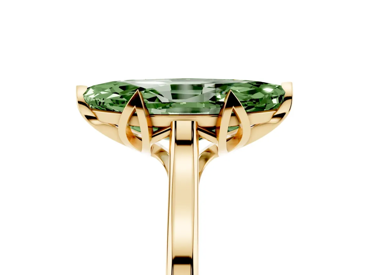Fancy Green Marquise Cut Diamond Solitaire Ring with Flower Prong Setting and Classic Band Yellow gold