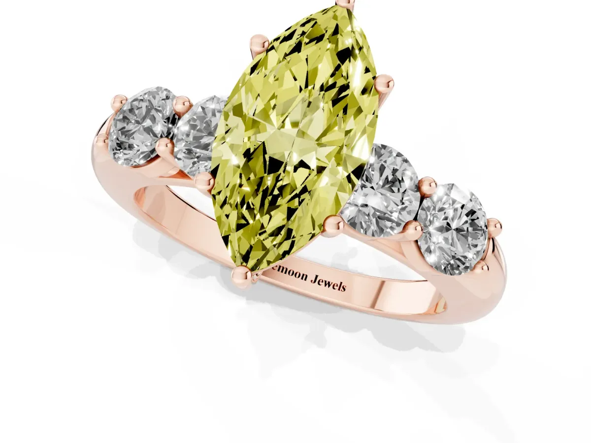 Fancy Yellow Marquise Cut Cut Five-Stone Prong Set Diamond Ring with Classic Band Rose gold